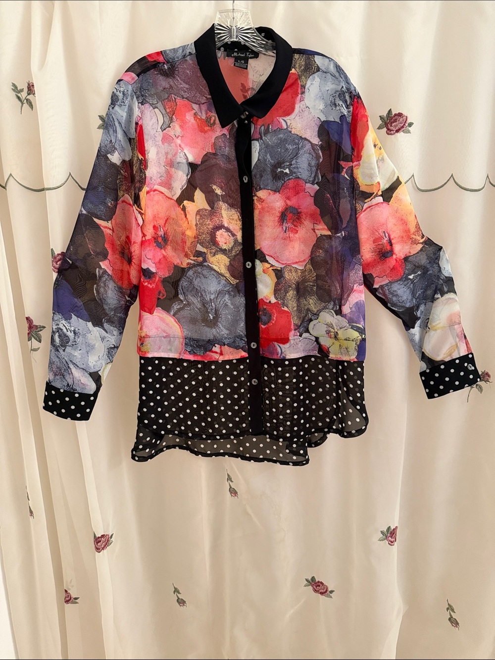 Floral Sheer Button-Down Shirt with Black Polka Dot Trim